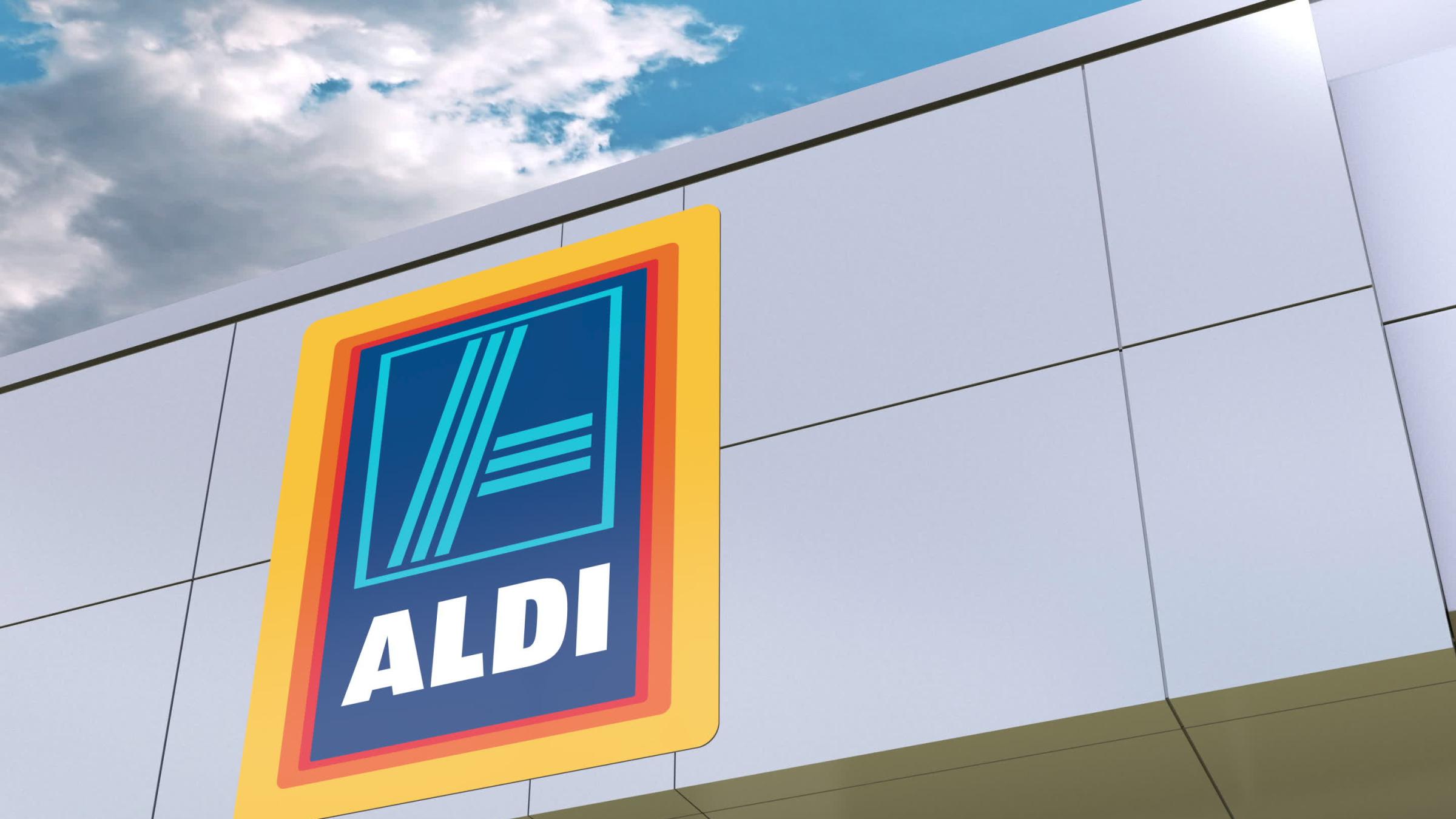 Aldi logo on the modern building facade. Editorial 3D rendering